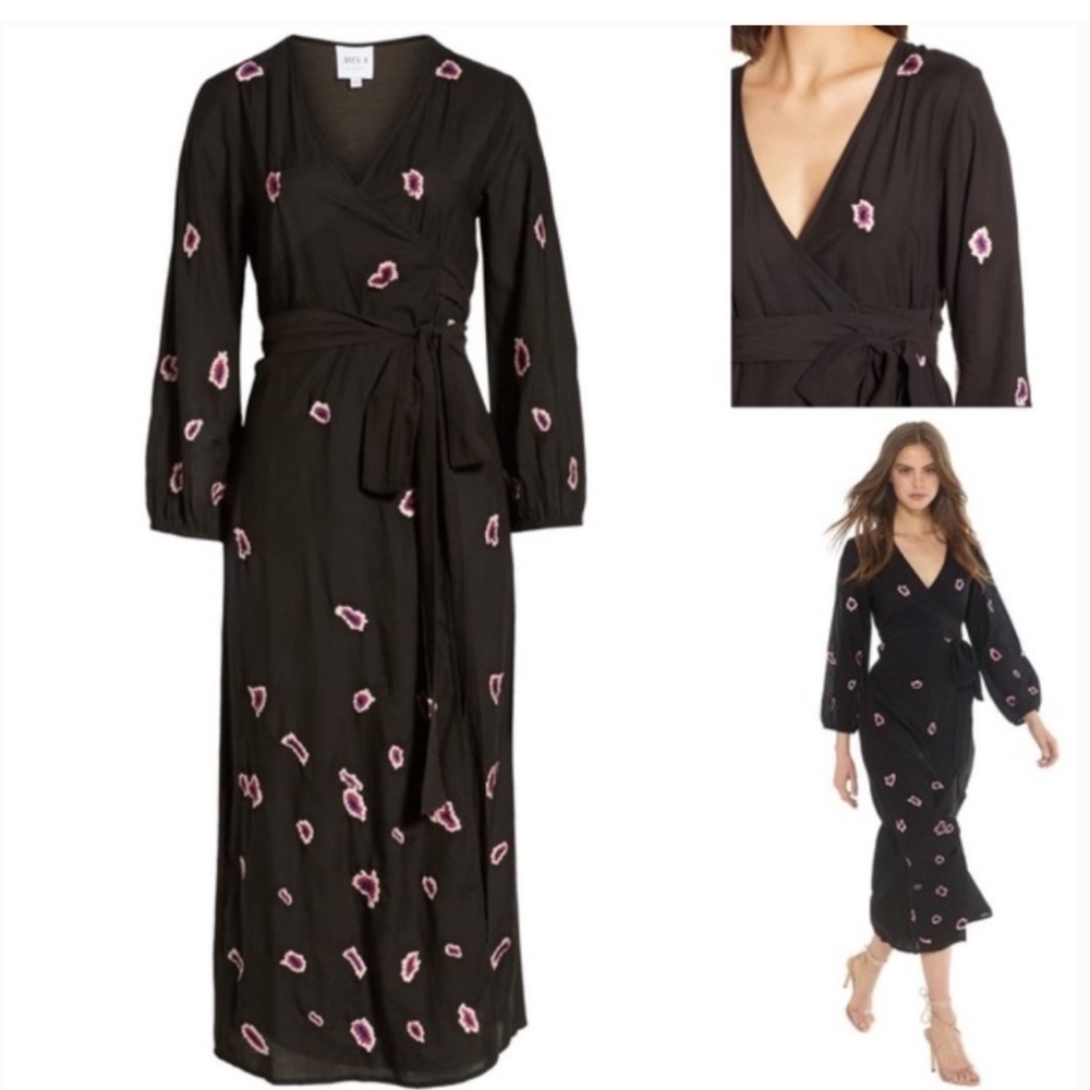 MISA Los Angeles Georgie Wrap Midi Dress Black Sz XS bohochic - Picture 2 of 3